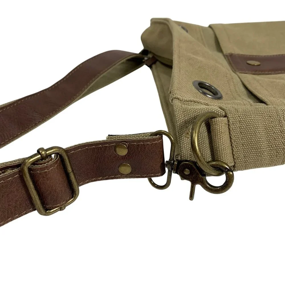 Heavy Khaki Canvas Faux Leather Trim Messenger Satchel Crossbody Bag Pockets EUC